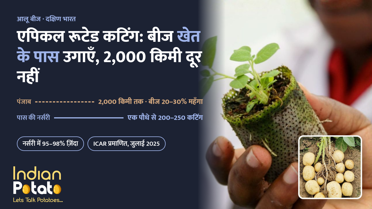 आलू में एपिकल रूटेड कटिंग: नारियल रेशे के प्लग में जड़ पकड़ चुकी आलू की कटिंग, साथ में एक पौधे से निकले आलू
