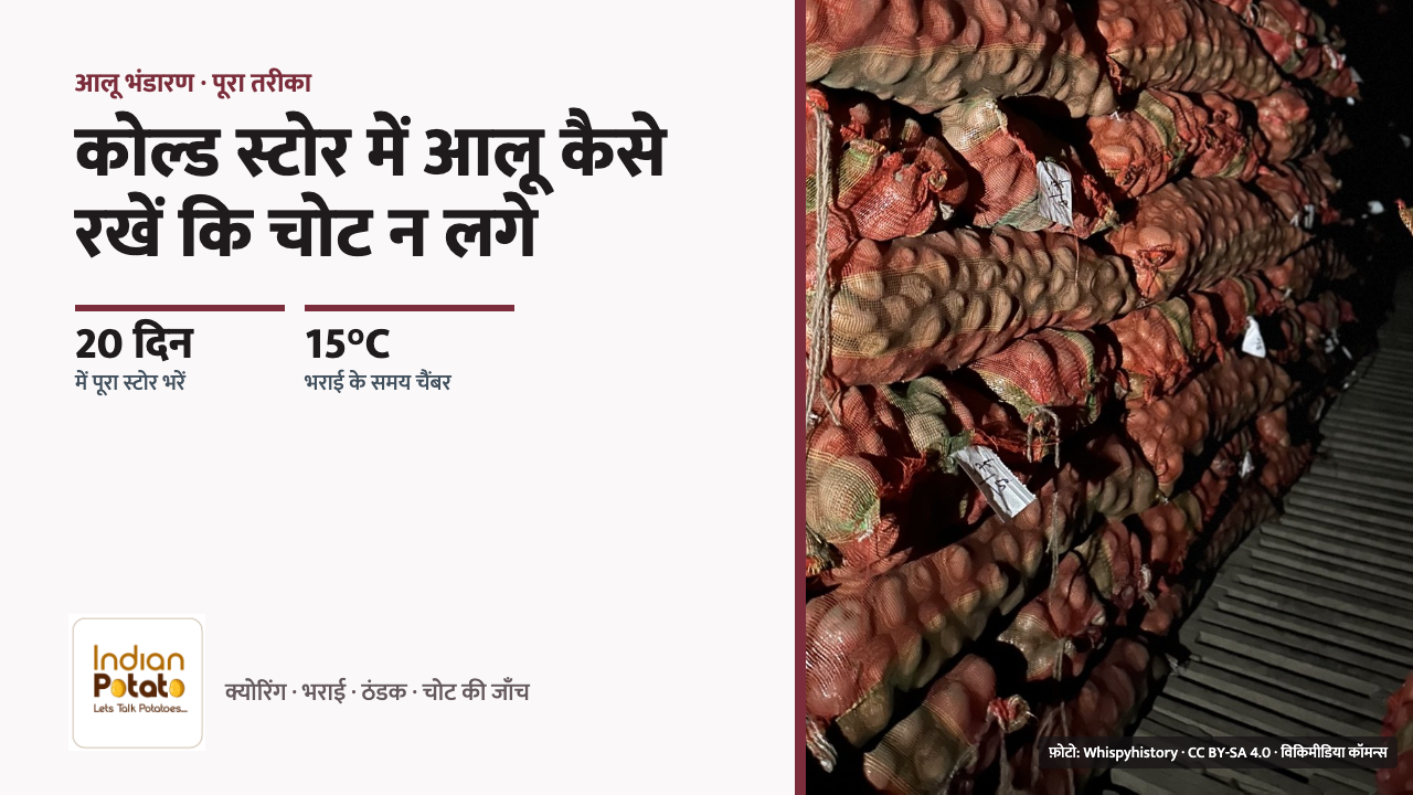 कोल्ड स्टोर में आलू कैसे रखें — कोल्ड स्टोर के चैंबर में जाली वाली बोरियों में रखे आलू
