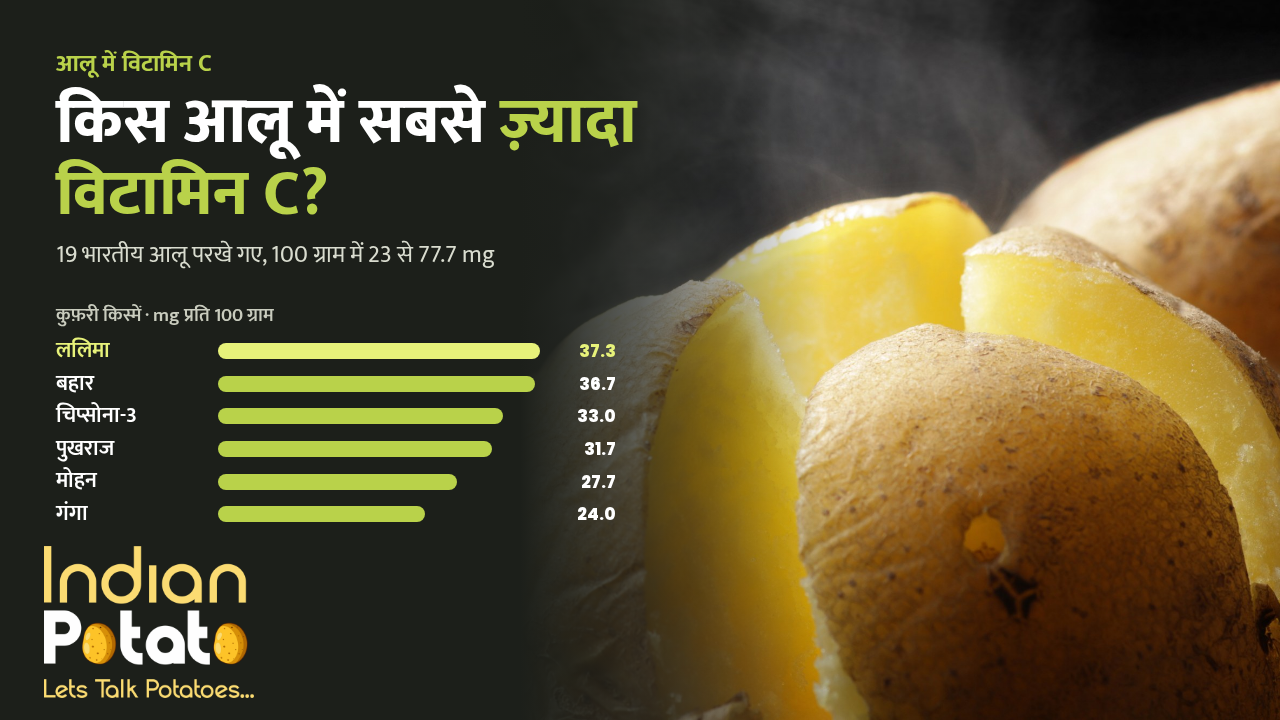 आलू में विटामिन C: छिलके समेत उबले, बीच से खुले आलू, साथ में कुफ़री किस्मों का विटामिन C