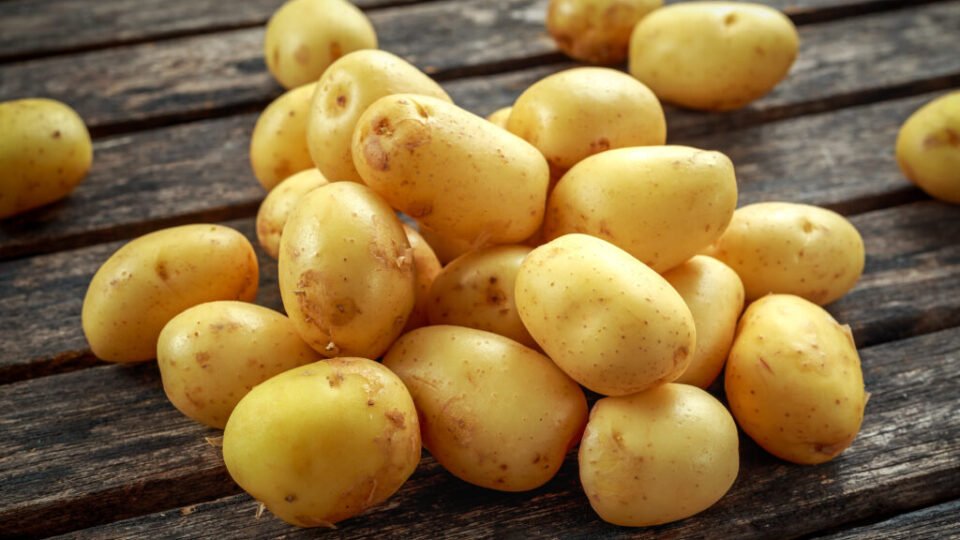 raw baby new potatoes on rustic wooden background